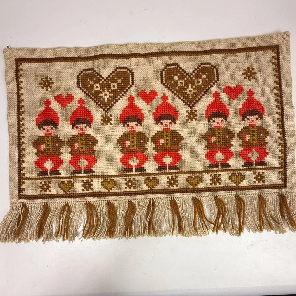 Swedish Cross Stitch Christmas Tapestry Wall Hanging Red Gingerbread Hearts Elf